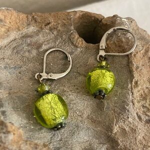 Vintage 90s Dichroic Green Glass Bead Drop LeverBack Earrings